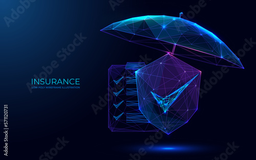 Digital Insurance and Assurance Concept. 3D Check Mark Shield and Checklist are under Protective Umbrella. Polygonal Technology Futuristic Vector Illustration on a Dark Background. EPS 10.