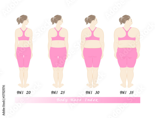 BMI指数別の体型変化 女性の後ろ姿 ダイエットのビフォーアフター イラスト ベクター
Before and After Dieting. Body shape change by body mass index. Female back view. Illustration. Vector.