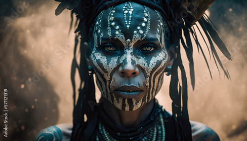 Sinister and beautiful shaman witch face with tribal ethnic patterns  tattoo  dreadlocks and jewelry. Mystical horor concept. Non-existent person. Post-processed generative AI