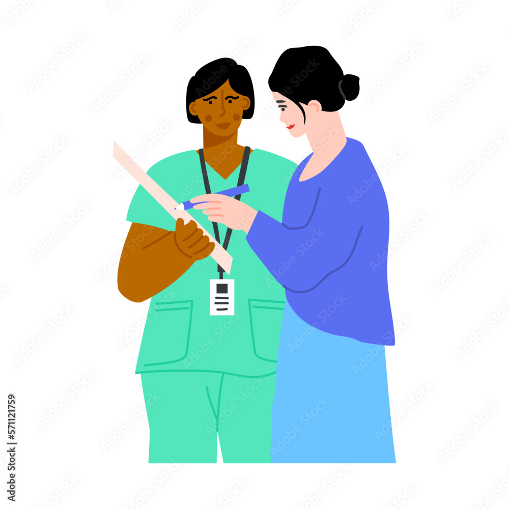 Patient standing near nurse and signing hospital docs. Woman filling document at clinic with medical personal. Vector flat illustration Patient standing near nurse and signing hospital docs. Woman filling document at clinic with medical personal. Vector flat illustration