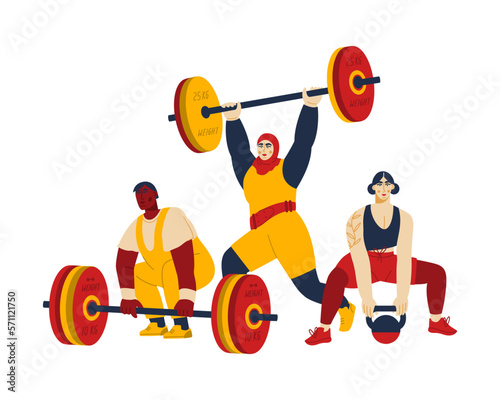 Group of sport people holding barbells and kettlebells. Strong weightlifters lifting weight. Heavy athletes doing exercises in fitness training. Vector flat illustration isolated on a white background