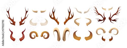 Animal horns. Cartoon bones hunter trophy, pairs of ram cow deer moose antlers flat style, wildlife decoration concept. Vector isolated set. Reindeer, antelope mammal elements collection