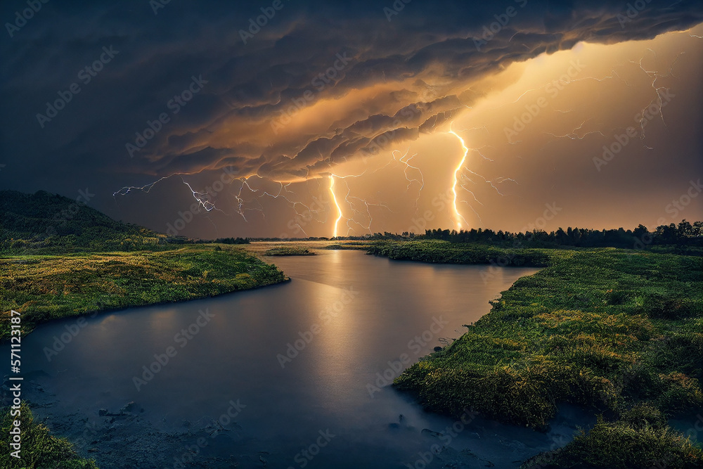 Wallpaper of a landscape with a thunderstorm. Generative ai