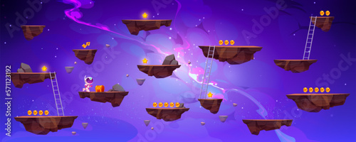 Flying rock islands vector game space background landscape. Cartoon planet in galaxy for arcade videogame. 2d ui level map with floating platform with gold goin in fantasy universe. World asset design
