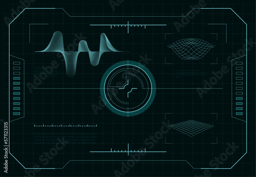 HUD futuristic screen. Sci-fi dashboard interface with target aim control on radar display, UI panel with pointer cursor hologram crosshair. Vector illustration. Analyzing surface, searching location