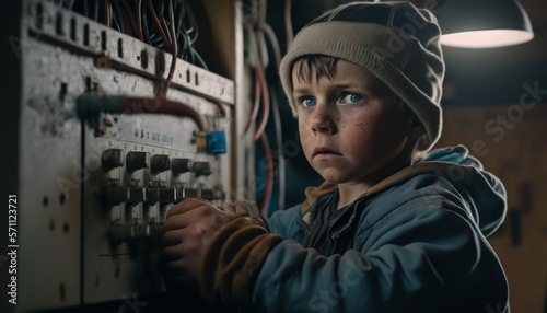 Empowering Children in the Workplace: Celebrating Diversity, Equity, and Inclusion (DEI) in the Industry with Caucasian boy as a Electrician (white) (generative AI)