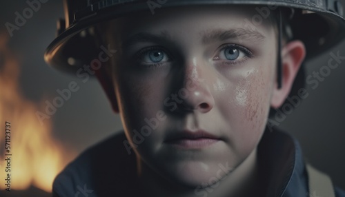 Empowering Children in the Workplace: Celebrating Diversity, Equity, and Inclusion (DEI) in the Industry with Caucasian boy as a Firefighter (white) (generative AI) © Get Stock