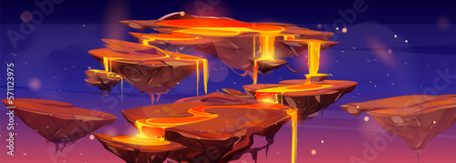 Vector floating lava islands game cartoon landscape background illustration. Volcano magma flow on ground. Magic danger fantasy planet asset with rock to fight. Flying arena for arcade with eruption