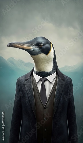 Portrait of a Penguin in a Business Suit Ready for Action. GENERATED AI.