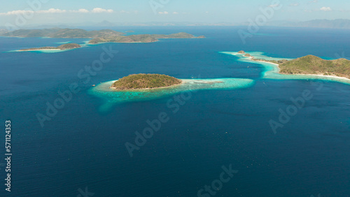 aerial seascape tropical beach with white sand and clear blue sea. tropical landscape with islands and beaches. Philippines, Palawan.
