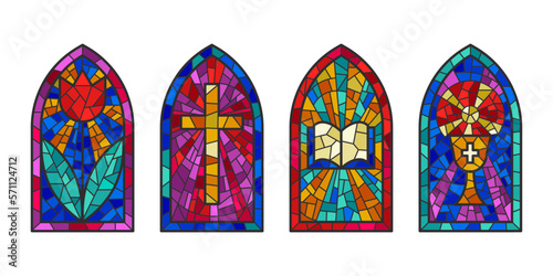 Church glass windows. Stained mosaic catholic frames with cross, book and religious symbols. Vector set isolated on white background