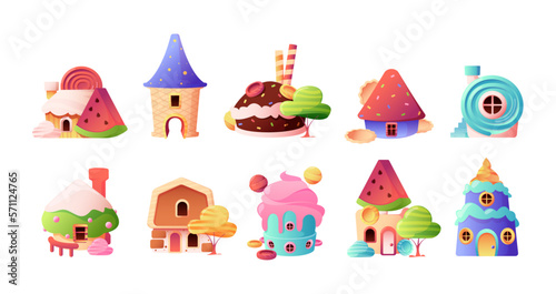 Candy houses. Sweet fantasy landscape with decorative icons of tasty chocolate caramel buildings, abstract childish elements. Vector cartoon set. Fairy tale homes with ice cream and glaze