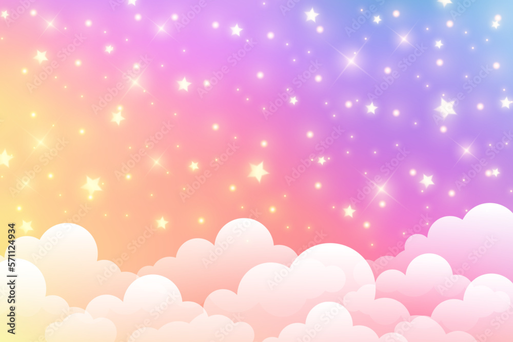 Cloudy sky background. Unicorn fantasy pastel galaxy. Rainbow cute