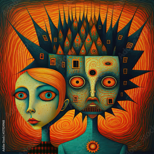 Abstract man and woman, man with spikes out of his head. Concepts of stress, multiple personality, schizophrenia, depression, breaking apart and mental disorders - Generative AI photo