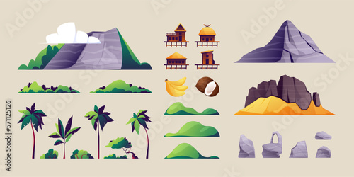 Tropical island constructor. Cartoon landscape with mountain hills palm trees clouds green foliage samples, summer coast elements flat style. Vector set. Summer paradise, wooden huts