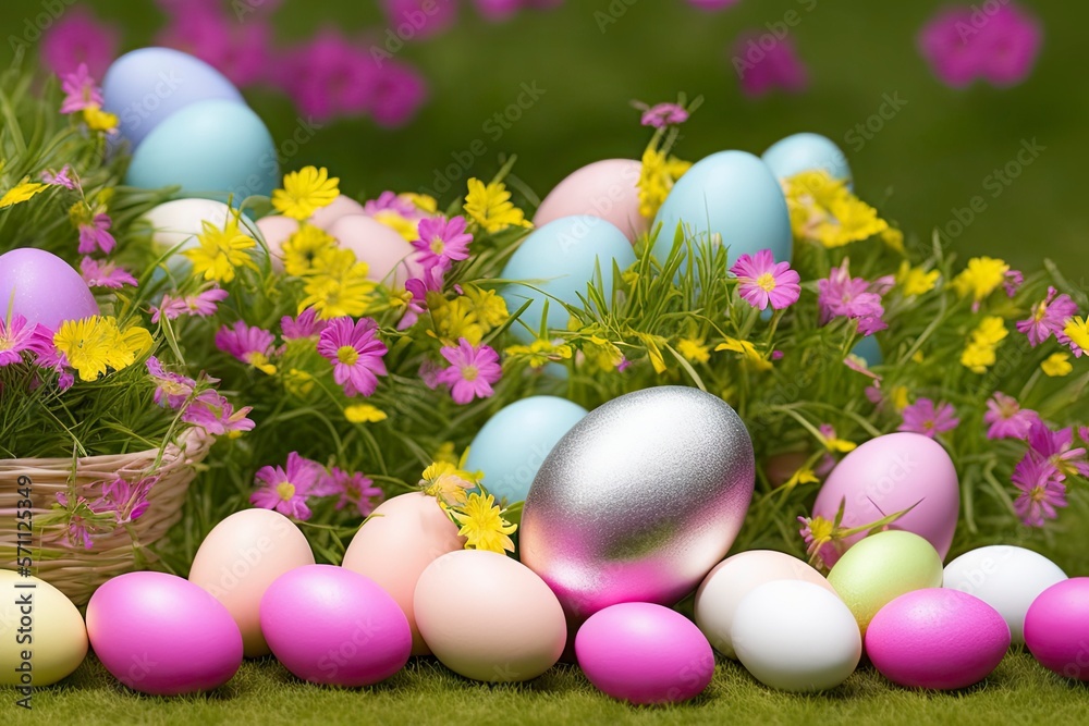 easter eggs in grass with wild flowers