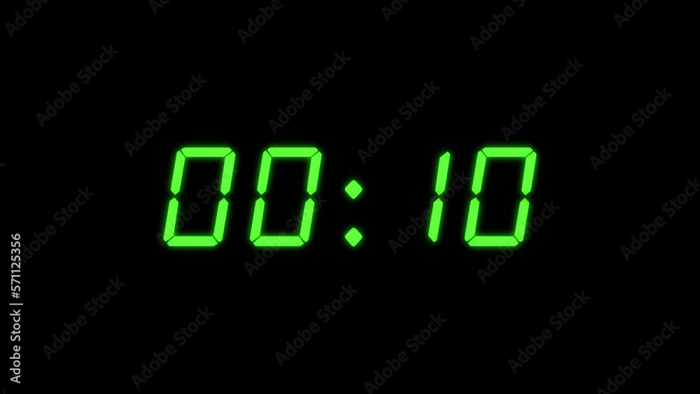 Simple Green and Black 15 seconds digital alarm clock countdown timer. Green color digits on black colour display with no milliseconds. Simple Green and Black 15 seconds digital alarm clock countdown timer. Green color digits on black colour display with no milliseconds.