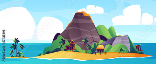 Tropical island background. Sea beach landscape with sand mountain palm trees, coastline panorama cartoon style, summer vacation concept. Vector illustration. Idyllic coastline with huts in nature