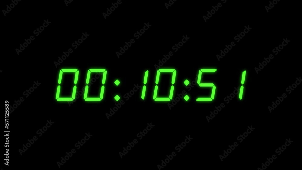6-digits 15 seconds digital clock countdown timer. Green digits on black colour bg. Retro digital alarm clock, count-down concept