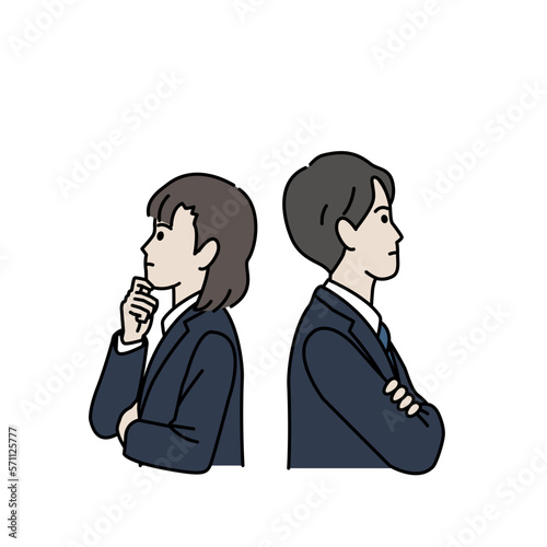 考えるポーズをするスーツ姿の若い男女