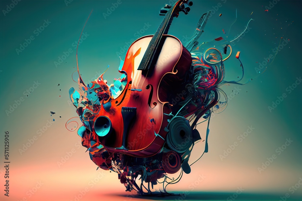 Generative AI illustration of violin on colorful background