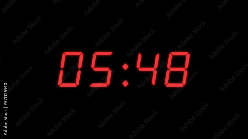 4-digits 55 seconds digital clock count-up timer. Red digits on black colour bg. Retro digital alarm clock concept 4-digits 55 seconds digital clock count-up timer. Red digits on black colour bg. Retro digital alarm clock concept