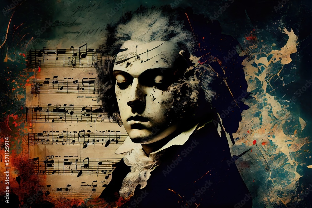 Generative AI illustration of Ludwig van Beethoven against music book