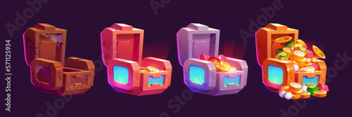 Futuristic game icons of boxes with money. UI elements with future technologies, sci-fi game loot boxes with gold coins and gemstones, vector cartoon illustration