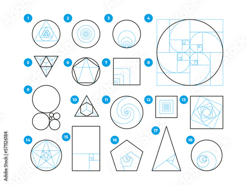 Golden ratio rules. Geometry harmony of ideal proportions, rule of thirds and fibonacci sequence, visual art mathematics composition. Vector set. Round and rectangular shape frames