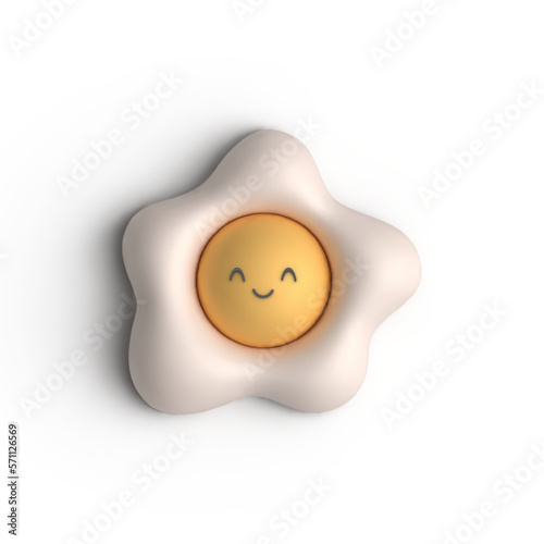 Face of Happy Fried Egg Front View Isolated on White Background. Cute Cartoon Head. 3D Render Illustration for Kids