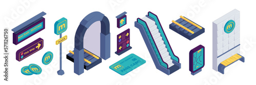 Isometric subway set. Metro elements with train escalator signboard passenger platform, city underground infrastructure. Vector collection. Metropolitan map, pass card, railway and tokens