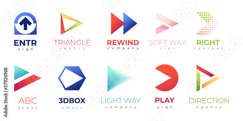 Forward logo sign. Abstract gradient arrows with text for logotype material design, creative play button symbol, renewable energy icon flat style. Vector collection. Colorful business emblems