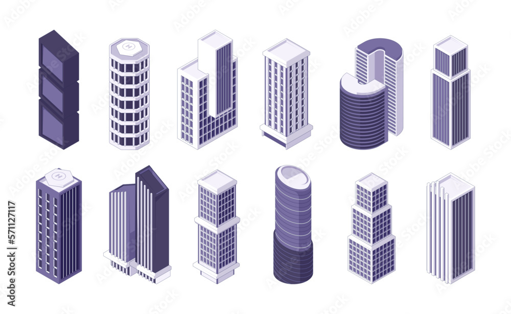 Isometric skyscrapers. Modern city buildings in isometry, residential apartment business office towers flat style cityscape concept. Vector set. Futuristic houses, block of flats collection