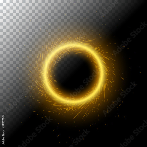Vector illustration of bright fire magic portal with sparks, glowing lights in shape of radiant sparkling circle on black, transparent background. Round frame template with glitters. Luminous effect