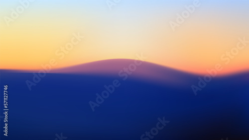 Abstract gradient landscape. Mountain slopes at sunset. Vector wavy background. Blurred volumetric silhouettes of hills at sunrise. Colorful wallpaper. © VDNKL