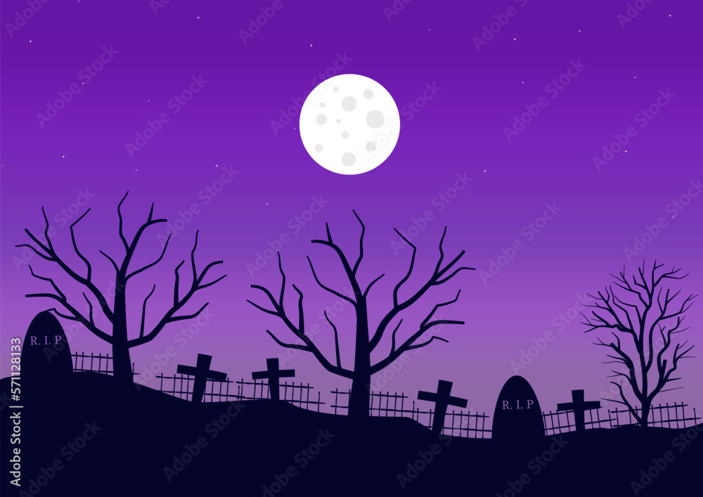 night graveyard with a full moon, vector illustration.