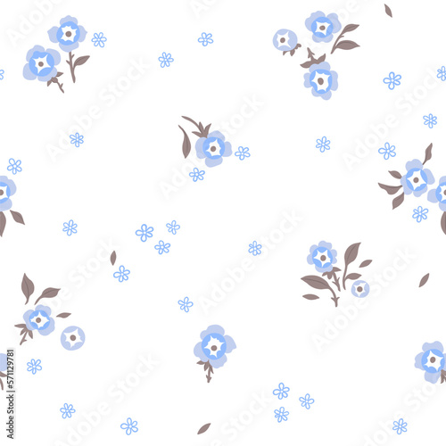 Vintage floral background. Floral pattern with blue flowers on a white background. Seamless pattern for design and fashion prints. Vintage style.
