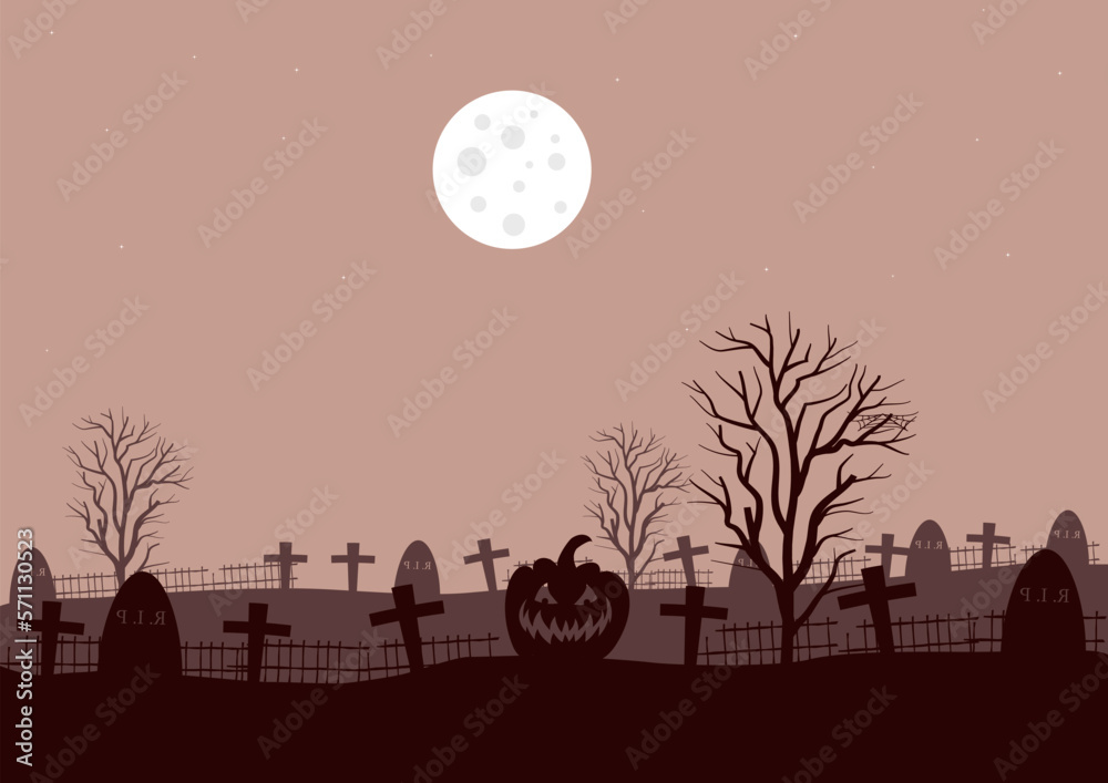 horror graveyard landscape at night with a full moon, vector illustration.