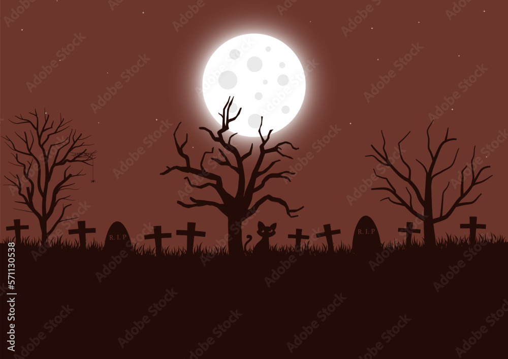 Silhouette of a graveyard at night with a bright full moon, vector illustration.
