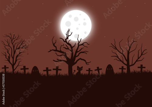 Fototapeta Naklejka Na Ścianę i Meble -  Silhouette of a graveyard at night with a bright full moon, vector illustration.