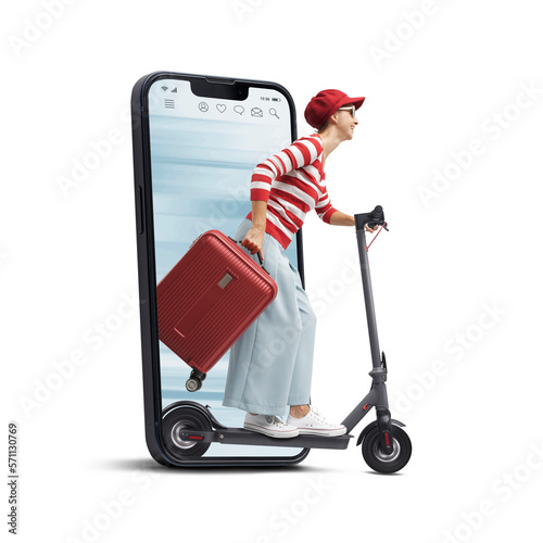 Woman riding a scooter and smartphone