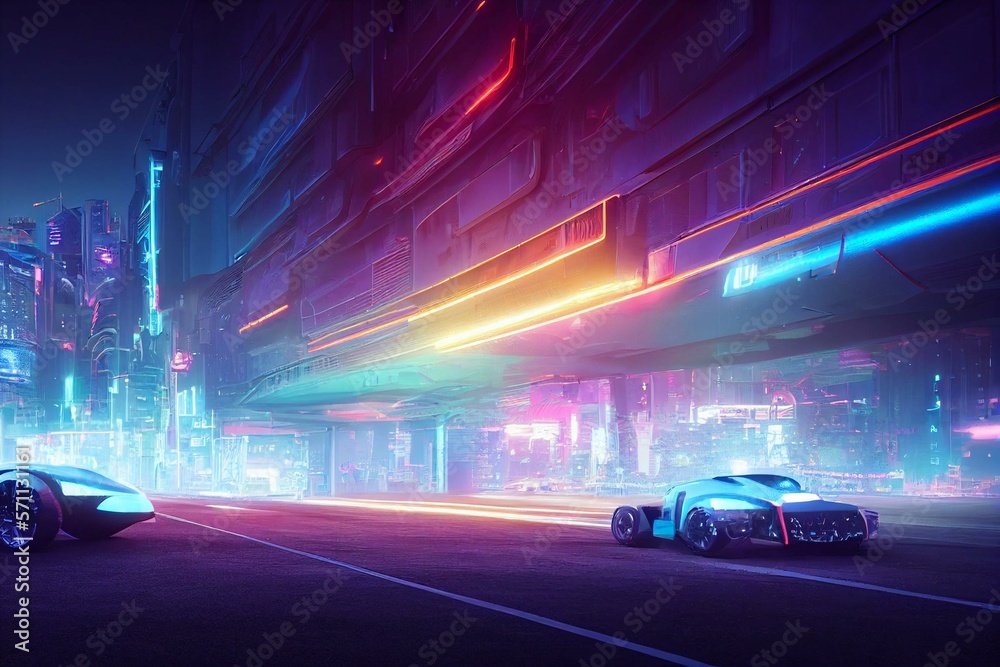 Futuristic cyberpunk vehicle flying car in megapolis suburb centre