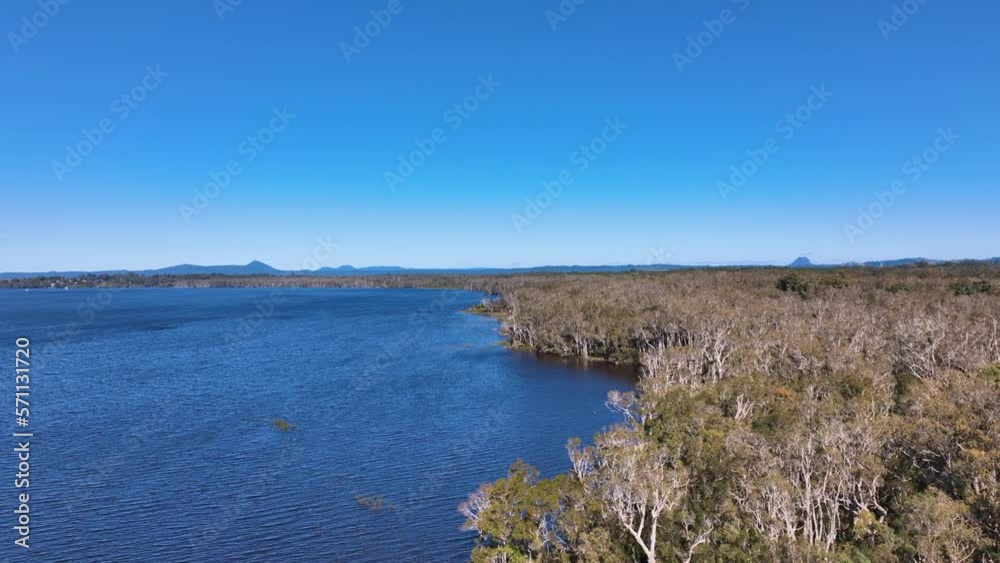Aerial over Lake Cootharaba and shoreline towards Noosa River Australia Aerial over Lake Cootharaba and shoreline towards Noosa River Australia