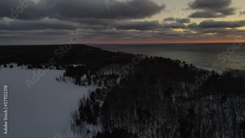 Shores of Lake Michigan covered in snow in January. photo