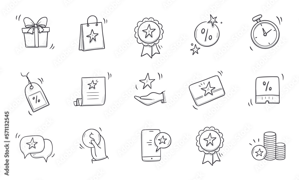 Doodle gift, discount coupon icon set. Hand drawn sketch style bonus card, loyalty program icon. Bonus point reward program offer doodle. Vector illustration.