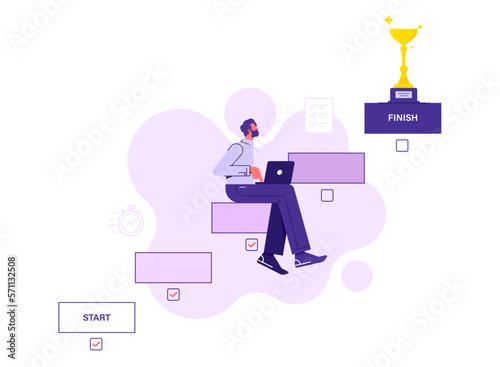 Project management or business project timeline concept. Male employee at middle step of ladder, stages of successful business project. Flat vector illustration