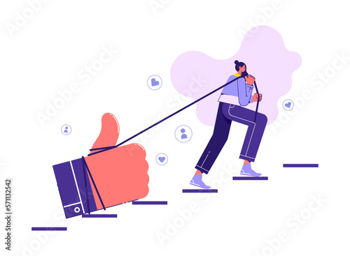 Woman pulling heavy thumbs up icon of social media up stair case. Flat modern concept vector illustration of online networking