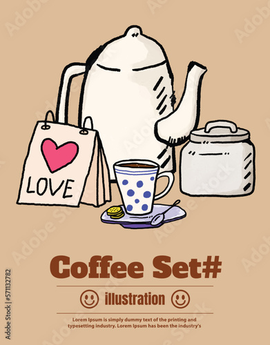 Set of Vector coffee pencil outline hand drawn trendy style illustration