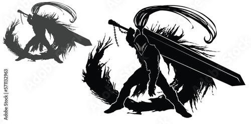 A sinister black silhouette of a creepy knight with a giant inhumanly heavy sword on his shoulder. he barely stand , gathering his strength for battle, his demonic cloak curling with pirals. 2d art