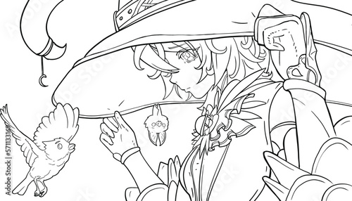 Cute sad anime witch girl in a beautiful costume with a bow, with a sad face crying pulling a big glowing mushroom hat on her head with her hands, her animal friends are cheering. 2d coloring art